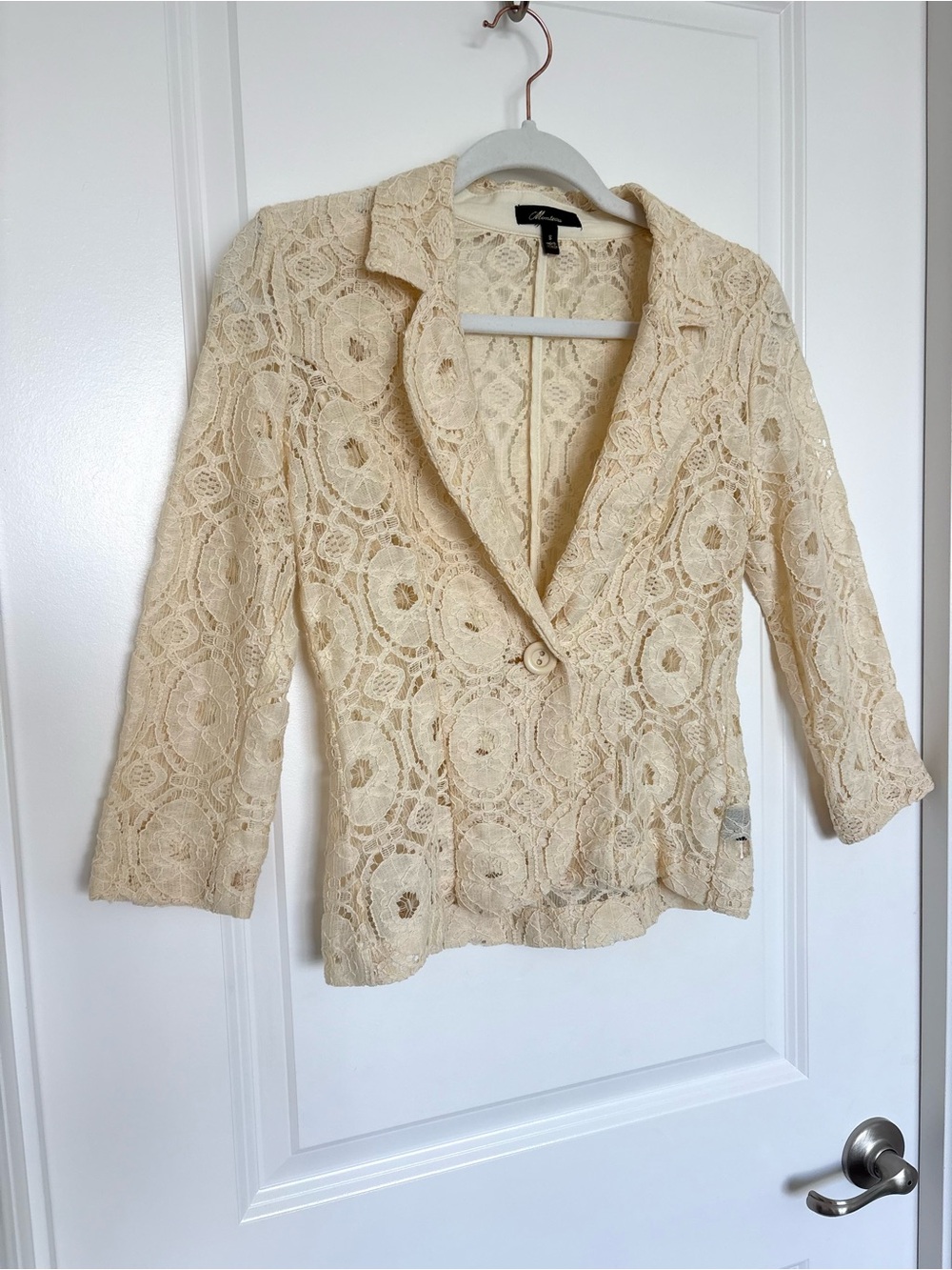 Monteau Cream Lace Blazer Sheer Openwork Crochet Jacket Boho Romantic S